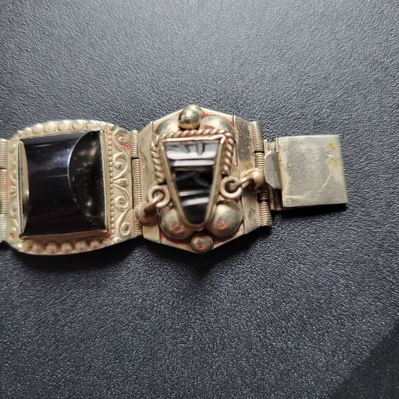 Vintage Aztec Mask Bracelet Black Onyx Alpaca Silver Beautiful 7” made in Mexico - Picture 9 of 16